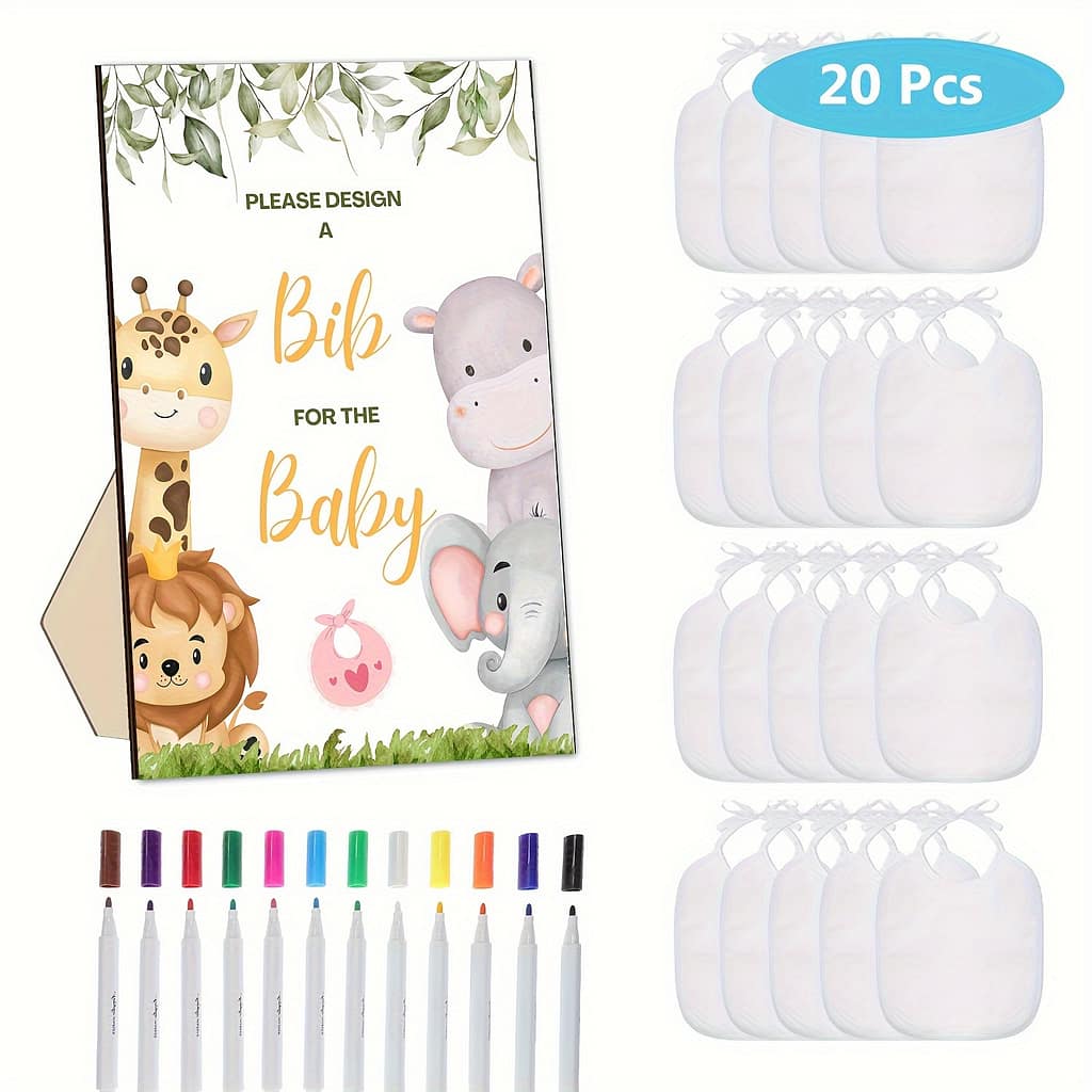 Baby Shower Diy Bib Decorating Kit – 1 Wooden Animal Sign, 20 Blank Bibs, 12 Color Markers, Interactive Party Activity Set, Craft Supplies For Guests, No Electricity Needed Event & Party Supplies Shop Online at Dubai Trades 2