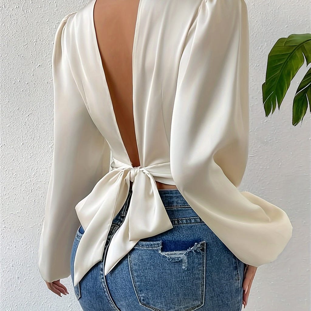 Backless Mock Neck Blouse, Elegant Knot Back Long Sleeve Blouse For Spring & Fall, Women’s Clothing Blouses Shop Online at Dubai Trades 2