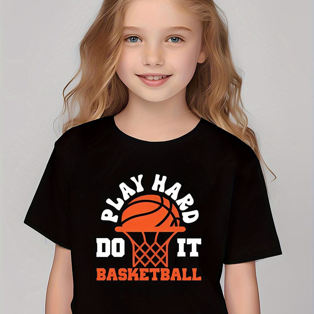 Basketball And Letter Print Girls Creative T-shirt, Casual Lightweight Comfy Short Sleeve Crew Neck Tee Tops, Girls Clothings For Summer Clothing Shop Online at Dubai Trades 2