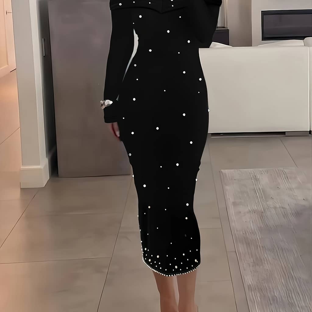 Beaded Decor Off Shoulder Dress, Elegant Long Sleeve Backless Slim Bodycon Dress, Women’s Clothing Clothing Shop Online at Dubai Trades 2