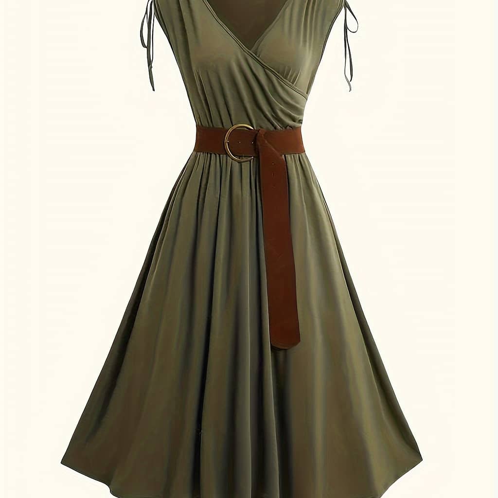 Belted Ruched Solid A-line Dress, Elegant Surplice Neck Sleeveless Dress For , Women’s Clothing Clothing Shop Online at Dubai Trades 2