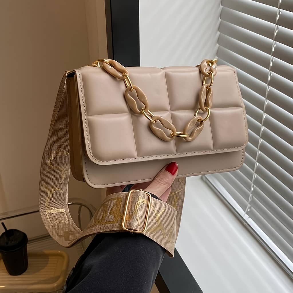 Black Synthetic Leather Mini Plaid Crossbody Bag With Adjustable Strap & Golden-tone Chain Detail – Stylish Women’s Handbag For Use, Mini Purse Clothing, Shoes & Jewelry Shop Online at Dubai Trades 2