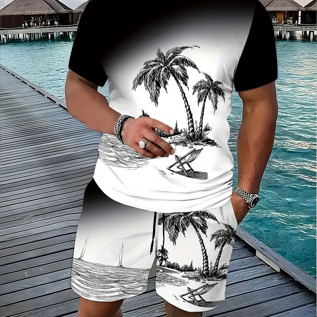 Black & White Botanical Print T-shirt And Shorts Set – 3d , Casual Round Neck Top With Kangaroo Pocket, , Outdoor Activities, Fitness & Running – Spring/summer Collection Asian Shop Online at Dubai Trades 2