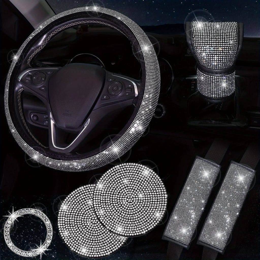 Bling Car Accessories For Women, Bling Steering Wheel Cover Bling Car Coasters Bling Set Seat Belt Shoulder Pads Ring Emblem Sticker Gear Shift Cover Automotive Shop Online at Dubai Trades 2