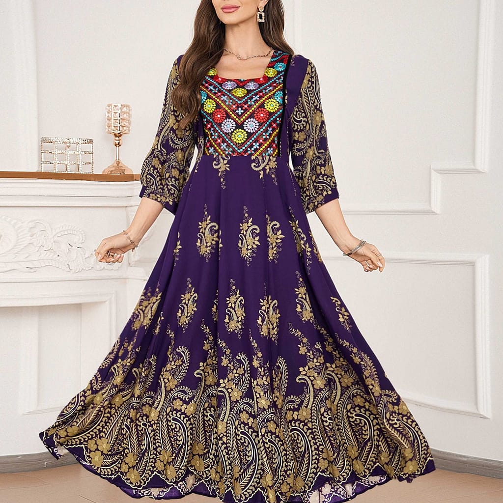 Bohemian Style Embroidered Maxi Dress – Vibrant Purple & Golden Floral Print, Square Neck, Flowy A-line Silhouette, Beach Vacations And Casual , Beach Dress Clothing Shop Online at Dubai Trades 2