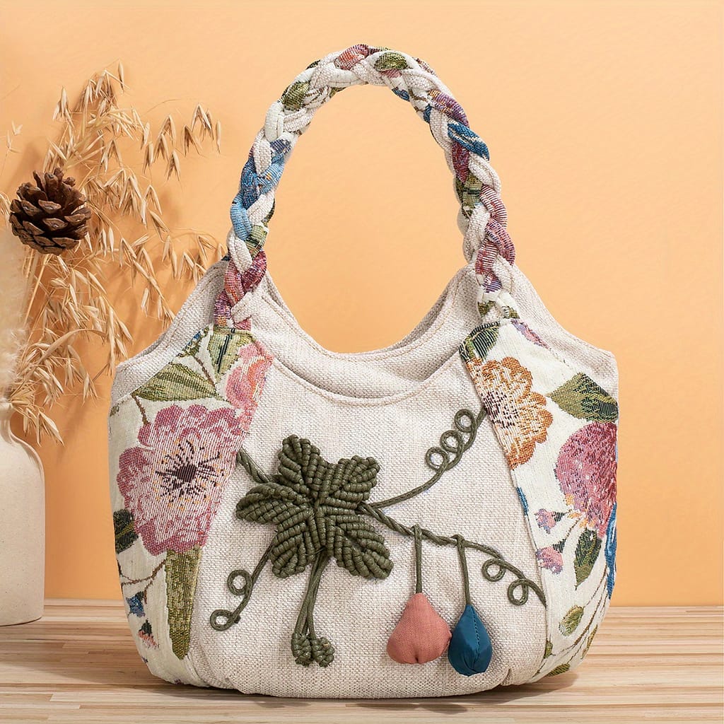 Bohemian Style Handmade Flower Tote Bag, Foldable, Zipper Closure, Fixed Shoulder Strap, With Wristlet, For Vacation Clothing, Shoes & Jewelry Shop Online at Dubai Trades 2