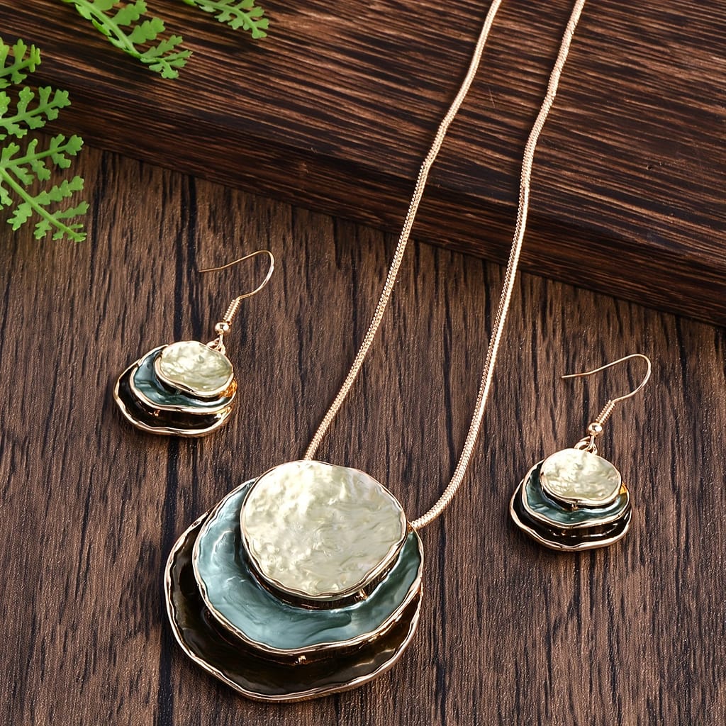 Bohemian Three-layer Circular Alloy Golden Enamel Jewelry Set, Cute And Elegant For Ladies, Girlfriends, Holiday Parties, Necklace And Earrings Set Clothing, Shoes & Jewelry Shop Online at Dubai Trades 2