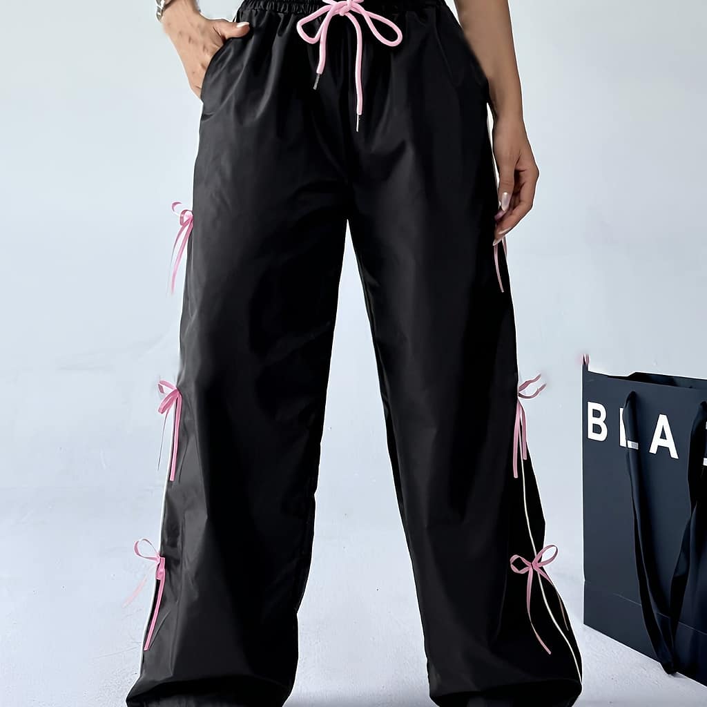 Bow Decor Drawstring Waist Pants, Y2k Loose Fit Slant Pocket Pants For , Women’s Clothing Clothing Shop Online at Dubai Trades 2