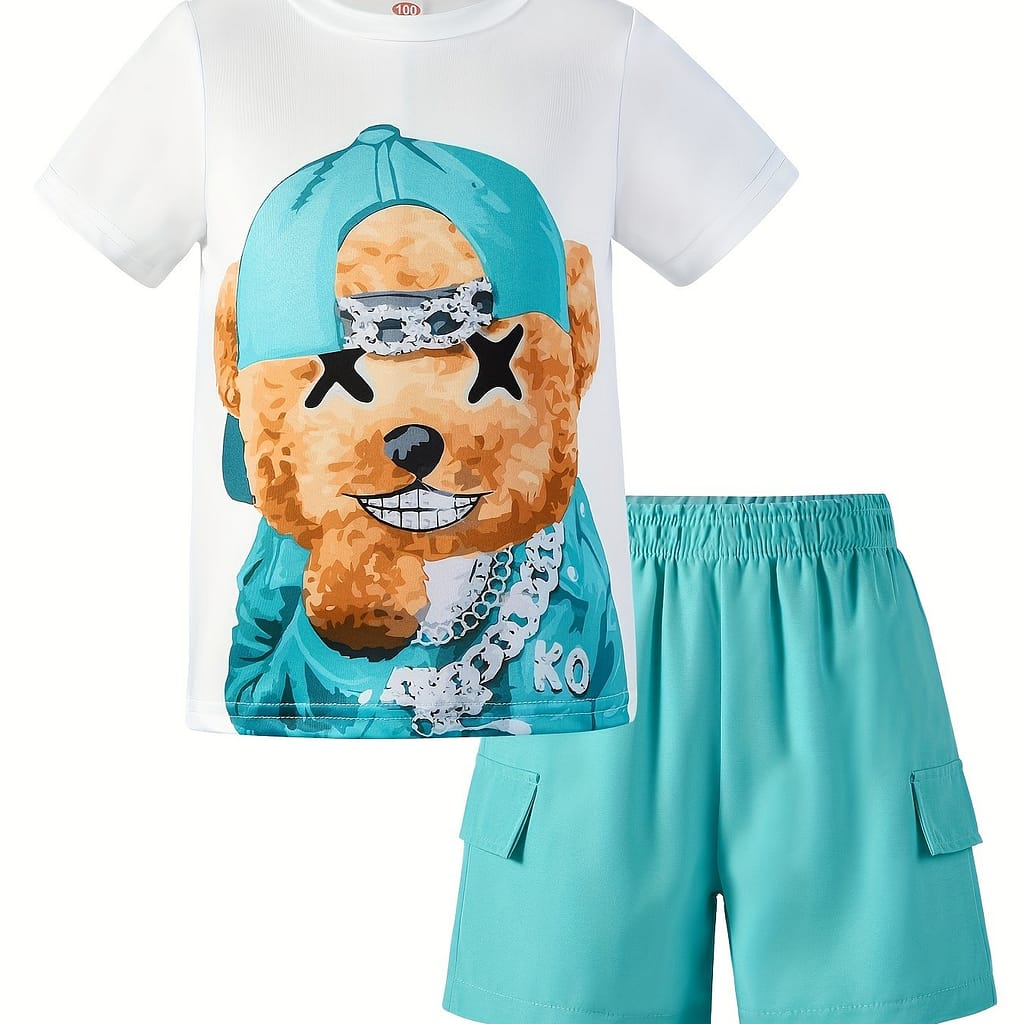 Boys’ Casual Bear Graphic Tee & Shorts Set – Lightweight Polyester , Machine Washable, Summer Outfit With Pockets, Casual Wear|trendy Set|stretchable Fabric, Outdoor Boys Shop Online at Dubai Trades 2