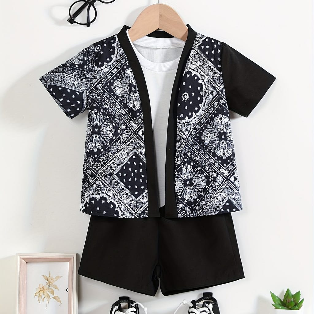 Boys’ Polyester V-neck Floral Short Sleeve Shirt With Matching Shorts Set For Spring/summer – Woven Loose Fit Outfit, For Outdoor Baby Shop Online at Dubai Trades 2