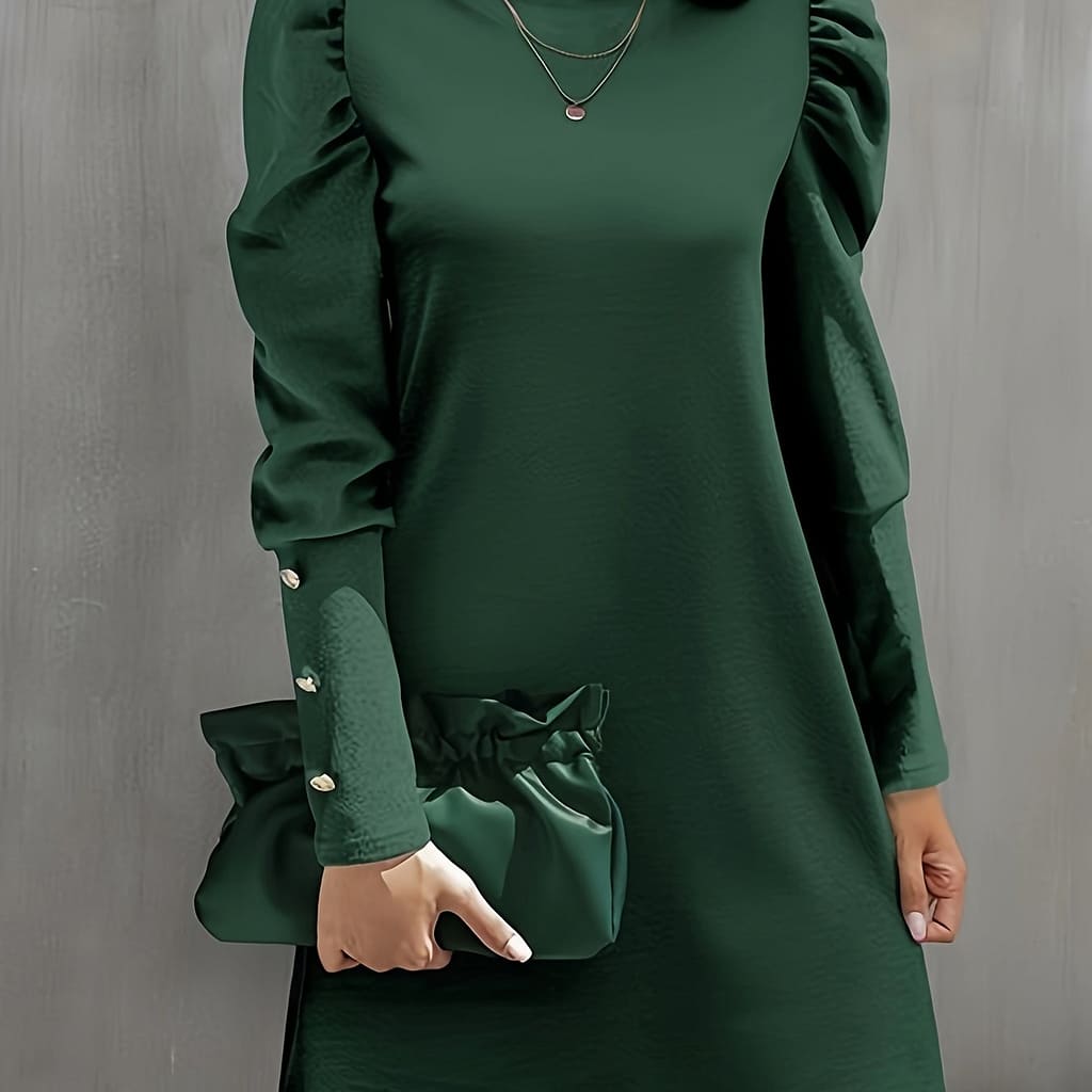 Button Decor Crew Neck Dress, Elegant Long Sleeve Dress For Spring & Fall, Women’s Clothing Clothing Shop Online at Dubai Trades 2