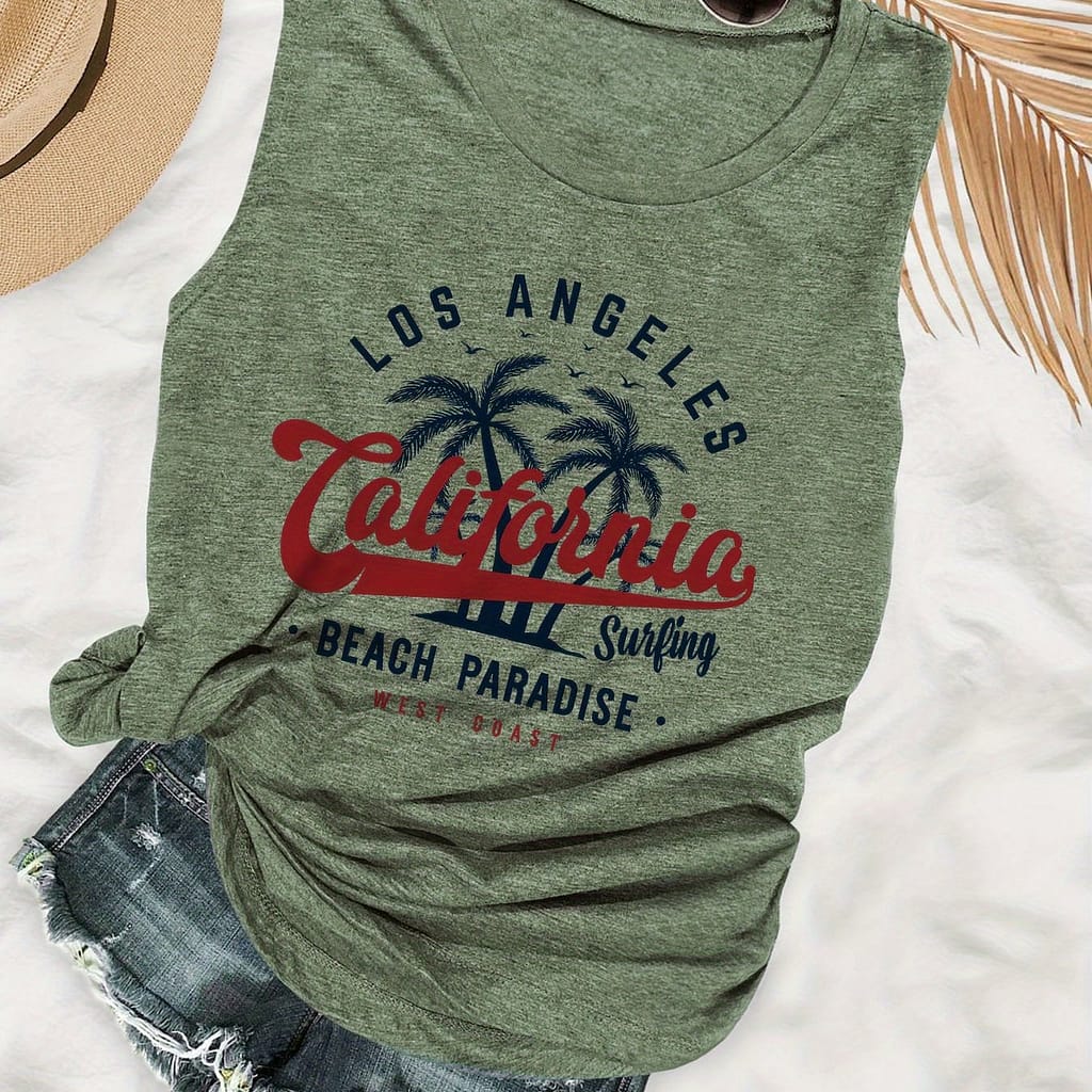 California Print Top, Casual Crew Neck Top For Summer, Women’s Clothing Clothing Shop Online at Dubai Trades 2