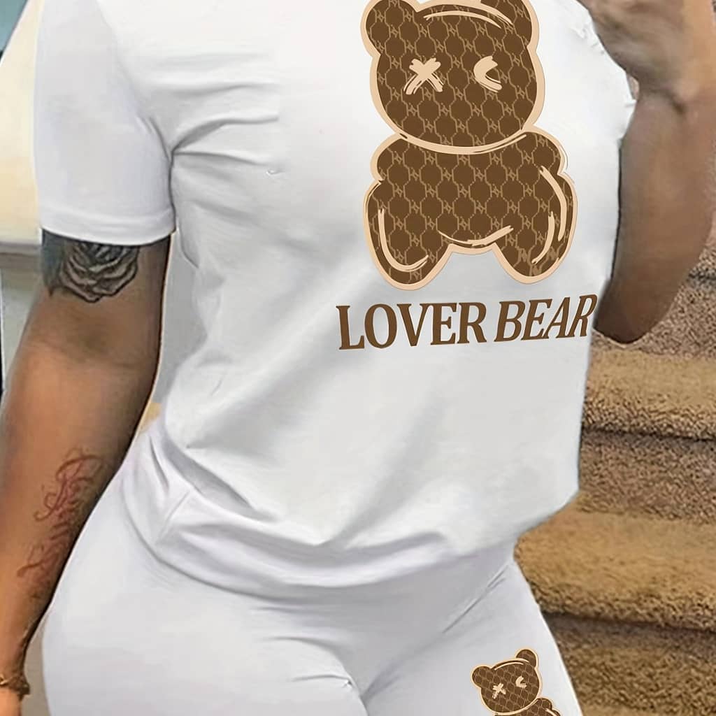 Cartoon Casual Two-piece Set, Crew Neck Short Sleeve T-shirt & Slim Shorts Outfits, Women’s Clothing Clothing Shop Online at Dubai Trades 2