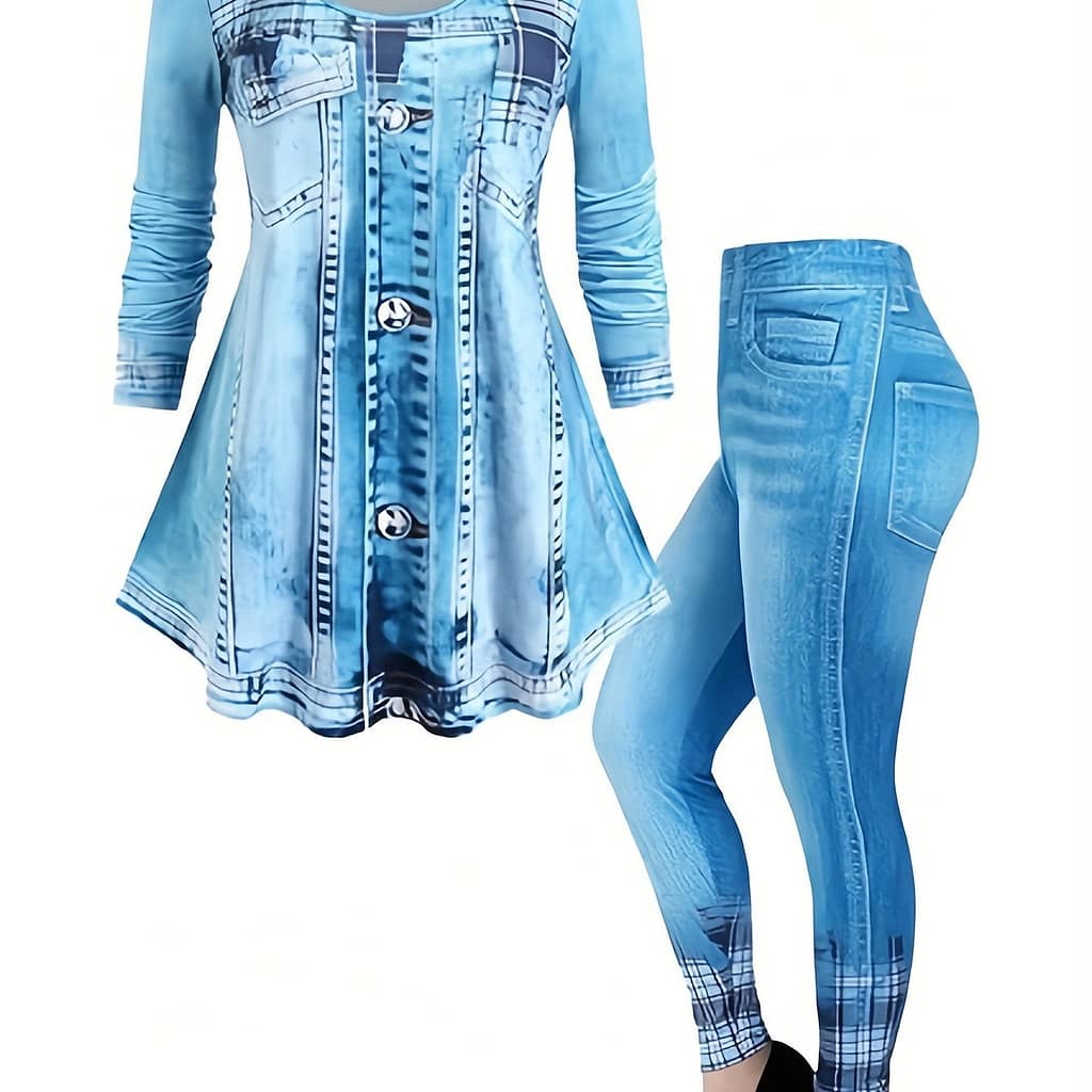 Casual Denim Print Two-piece, Short Sleeve Crew Neck T-shirt & Leggings Outfits, Women’s Clothing Clothing Shop Online at Dubai Trades 2