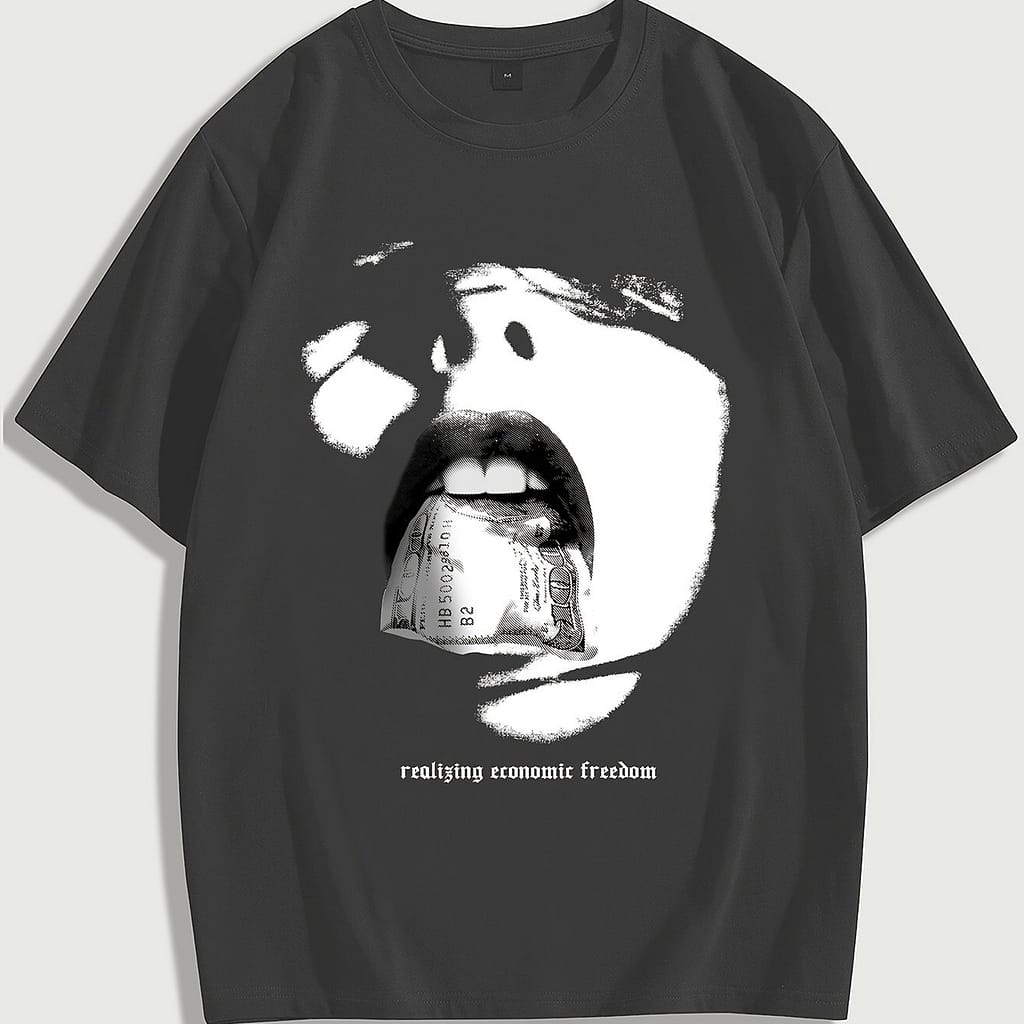 Casual Graphic Tee With Dollar Sign & Portrait Print – Comfy Polyester , Machine Washable, Round Neck Short Sleeve T-shirt For Couples – Clothing Shop Online at Dubai Trades 2