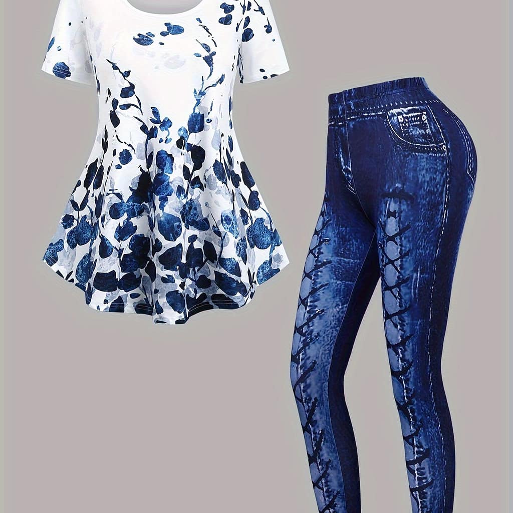 Casual Plant Print Two-piece Set, Short Sleeve Flare T-shirt & Allover Print Skinny Leggings Outfits, Women’s Clothing Clothing Shop Online at Dubai Trades 2