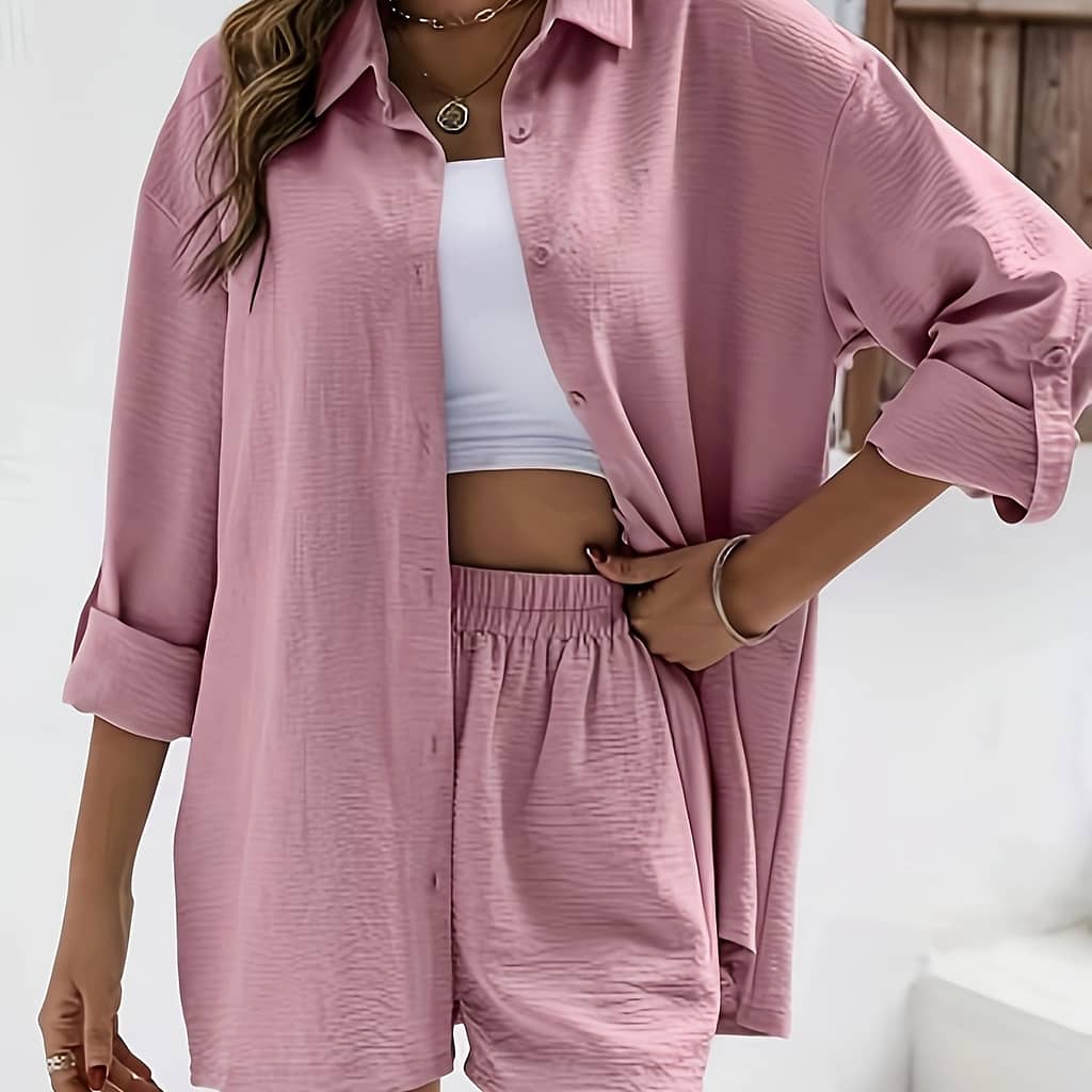 Casual Solid Color Shorts Set, Button Front Long Sleeve Blouse & Loose Shorts For Spring & Fall, Women’s Clothing Clothing Shop Online at Dubai Trades 2