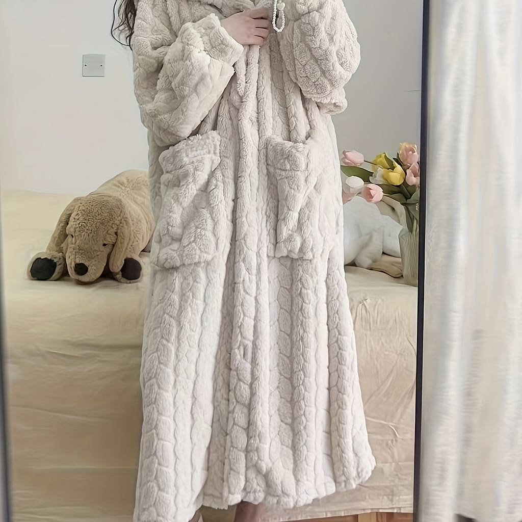 Casual Solid Jacquard Fleece Thickened Night Robe For Fall & Winter, Long Sleeve Hooded Buttons Robe With Pockets, Women’s Sleepwear & Dresses Clothing Shop Online at Dubai Trades 2