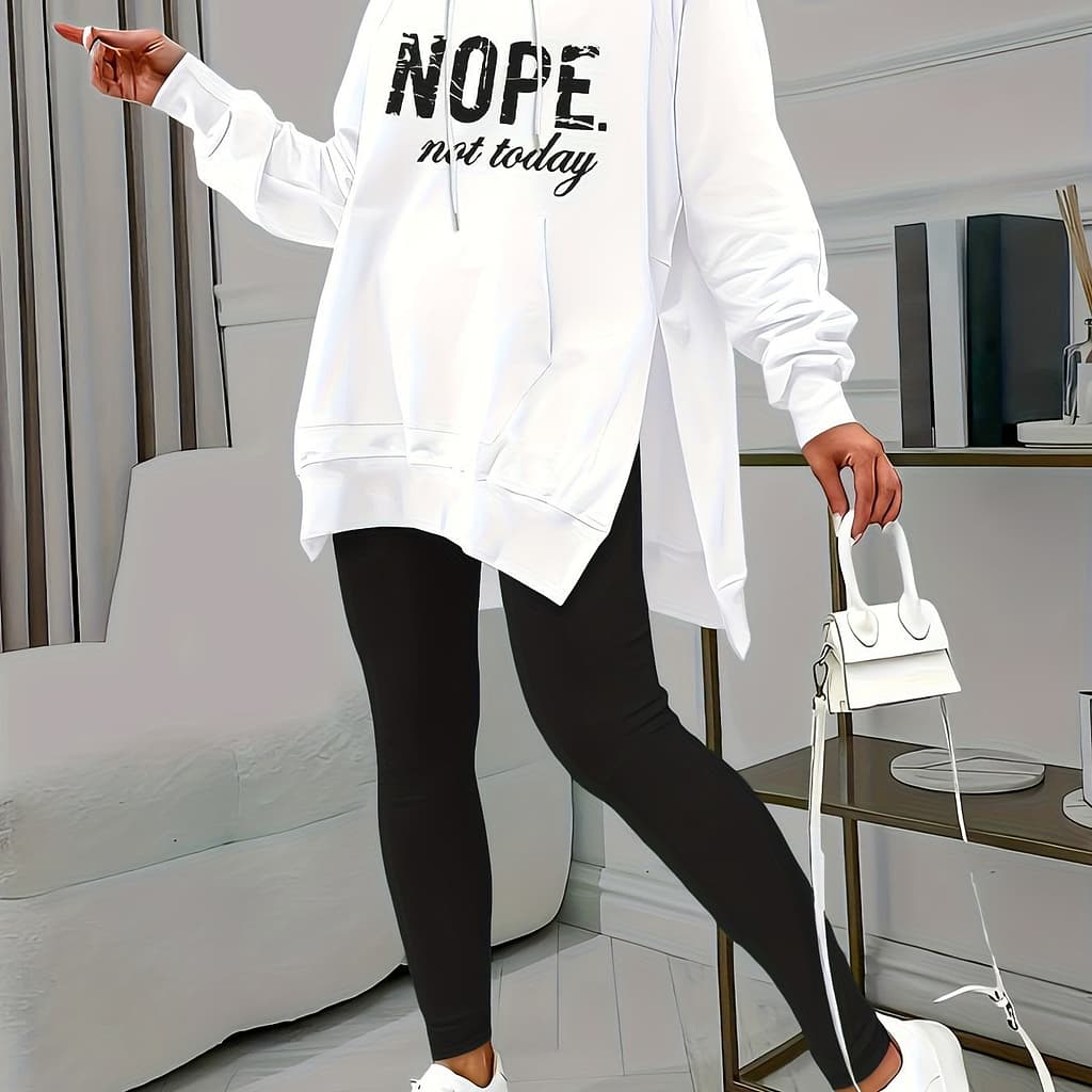 Casual Two-piece Set, Letter Print Kangaroo Pocket Hoodie & Solid Skinny Leggings Outfits, Women’s Clothing Clothing Shop Online at Dubai Trades 2