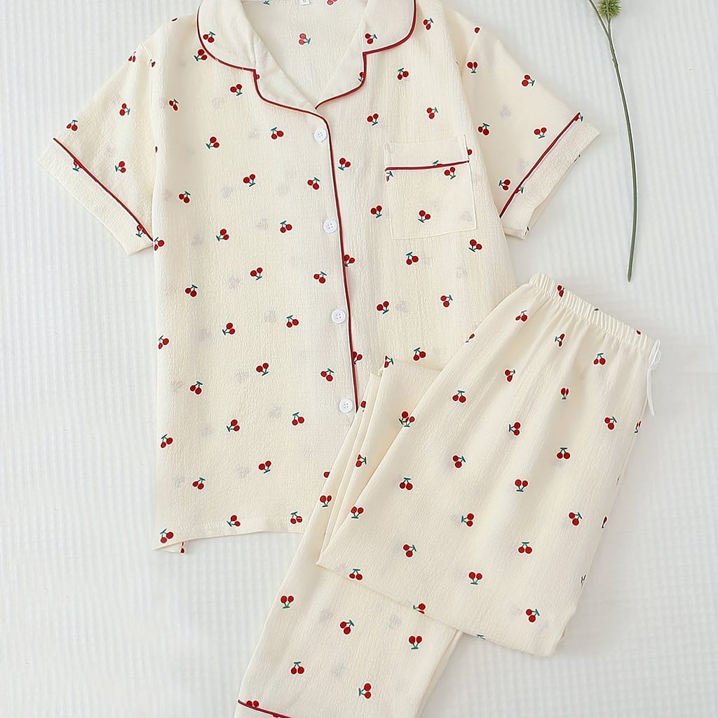Cherry Print Pajama Set, Short Sleeve Button & Waistband Pants, Women’s Sleepwear & Loungewear Clothing Shop Online at Dubai Trades 2