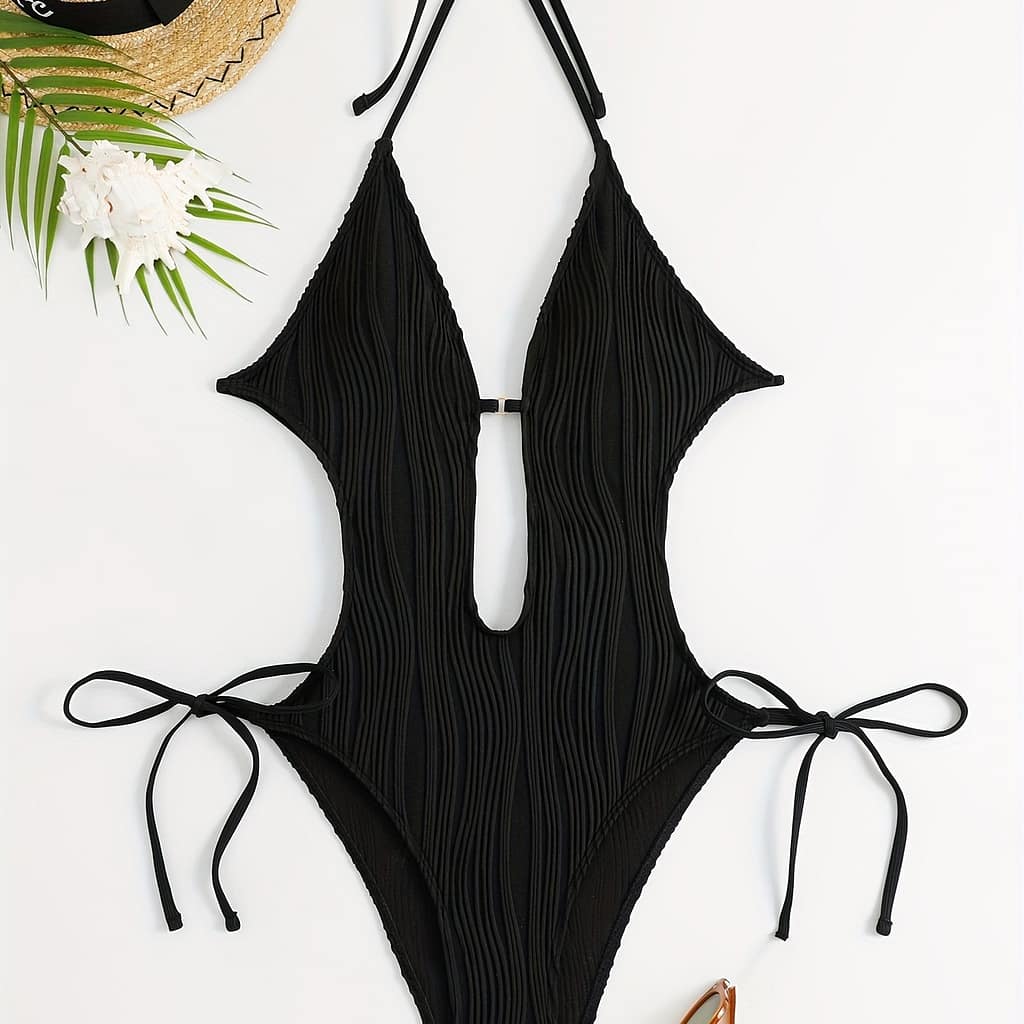 Chic Backless Halter One-piece Swimsuit For Women – Sexy, High Stretch, Solid Color With Tie Detail, Machine Washable Clothing Shop Online at Dubai Trades 2