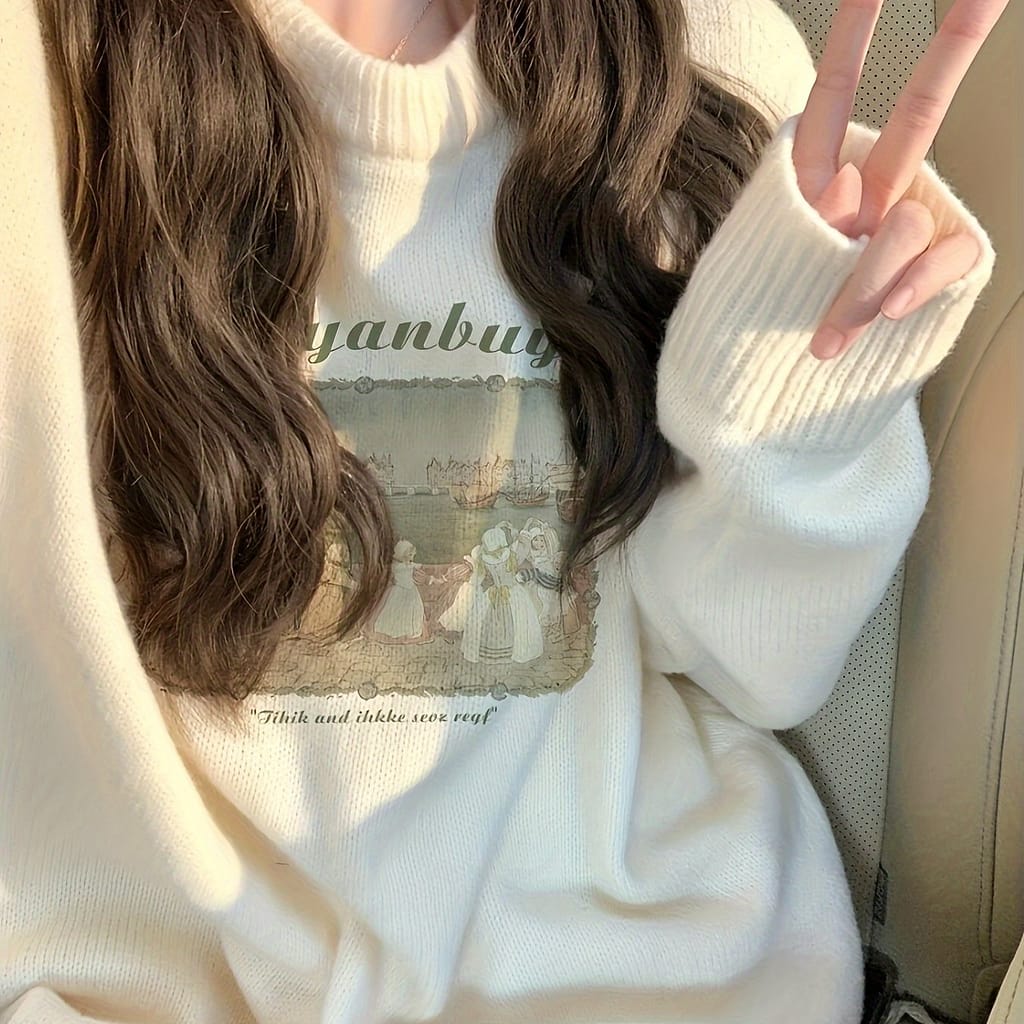 Chic Cartoon Print Knit Sweater For Women – Cute Long Sleeve, Round Neck Pullover For Spring/fall, Casual, Winter, , Spring/autumn Clothing Shop Online at Dubai Trades 2