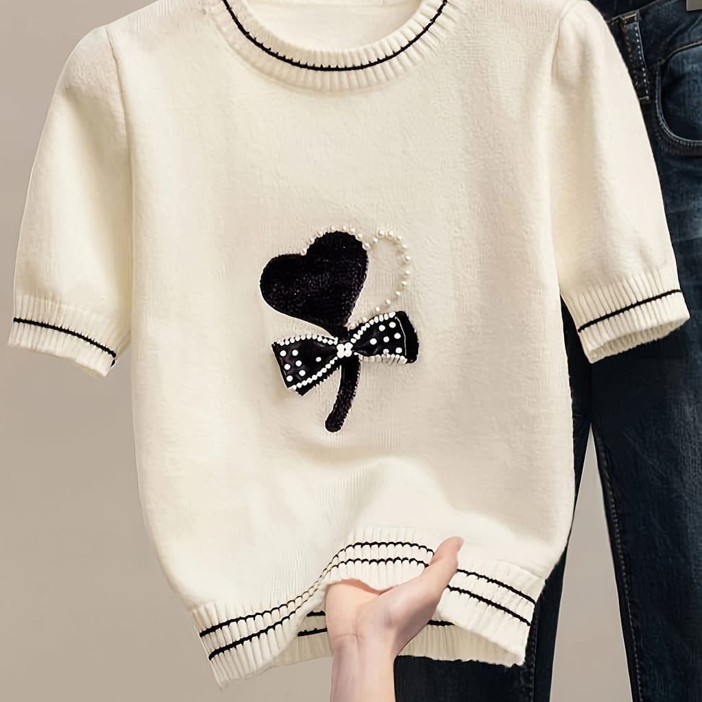 Chic Color Block Knit Sweater For Women – Casual Short Sleeve, Crew Neck Pullover, Breathable Viscose Blend, Clothing Shop Online at Dubai Trades 2