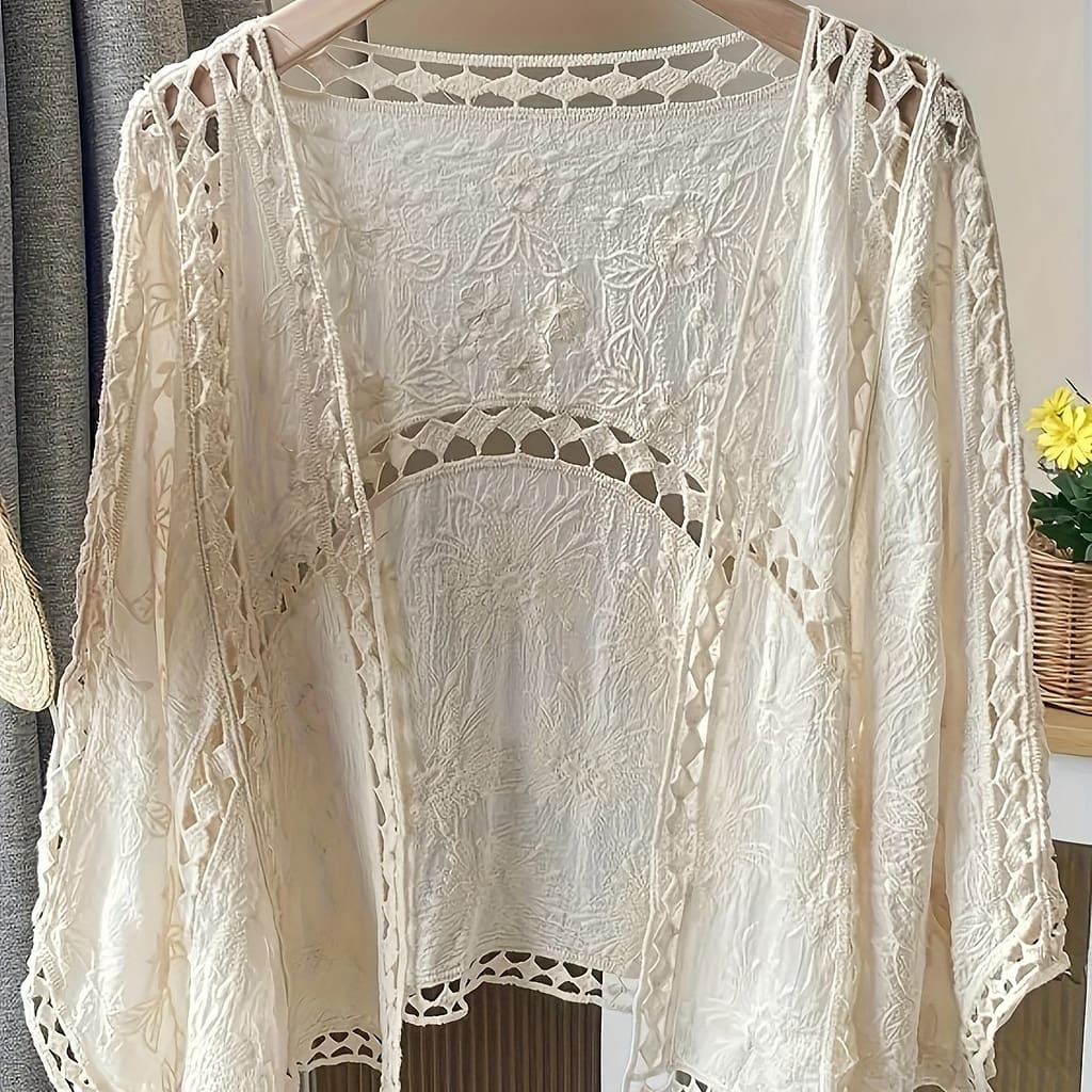 Chic Embroidered Sheer Cardigan With Batwing Sleeves – V-neck, Lightweight Sun Protection Cover-up For Women Clothing Shop Online at Dubai Trades 2