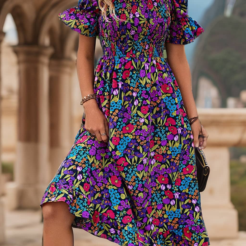 Chic Floral Print Off-shoulder Dress With Lantern Sleeves – Stretchy Polyester , Machine Washable – Spring/summer Clothing Shop Online at Dubai Trades 2
