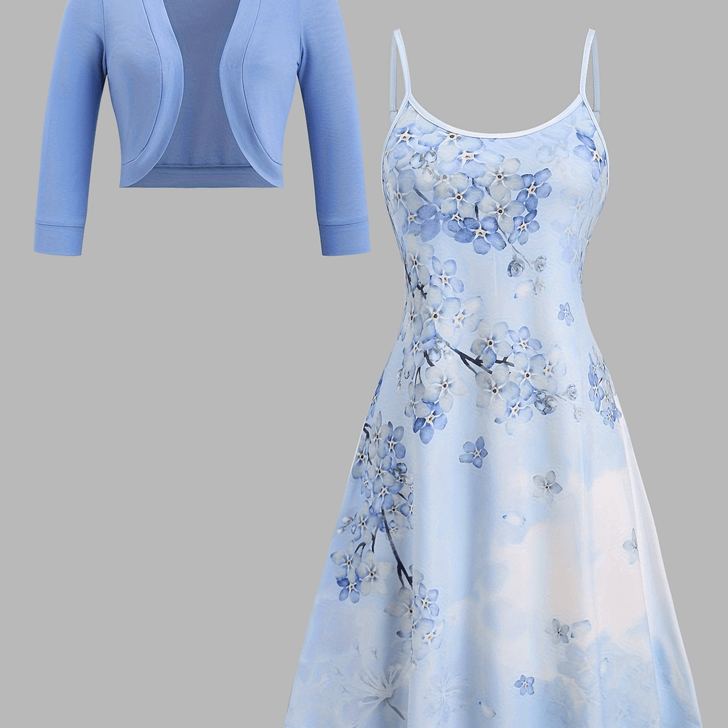 Chic Floral Print Two-piece Set: Casual Knit Cardigan & Spaghetti Suspender Dress – Stretchy Polyester , Machine Washable – Fall/winter Clothing Shop Online at Dubai Trades 2