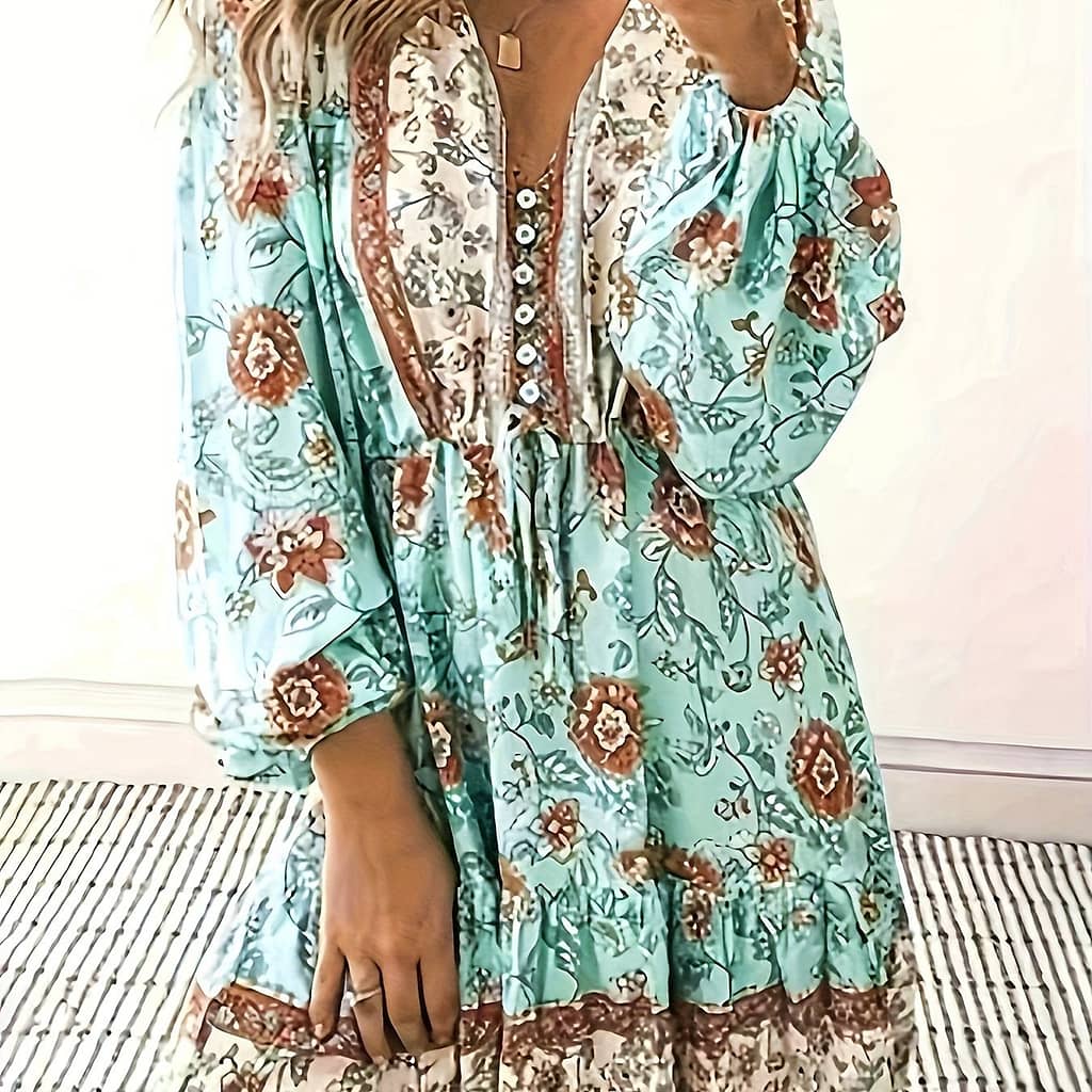 Chic Floral Print V-neck Dress With Lantern Sleeves And Ruffle Hem – , Machine Washable Clothing Shop Online at Dubai Trades 2