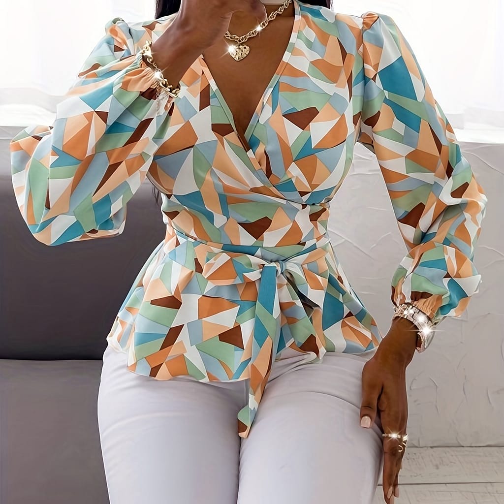 Chic Geometric Print Blouse With Tie Waist – Deep V-neck, Long Sleeve, Polyester, Machine Washable – Ideal For Spring/summer/fall Fashion Blouses Shop Online at Dubai Trades 2