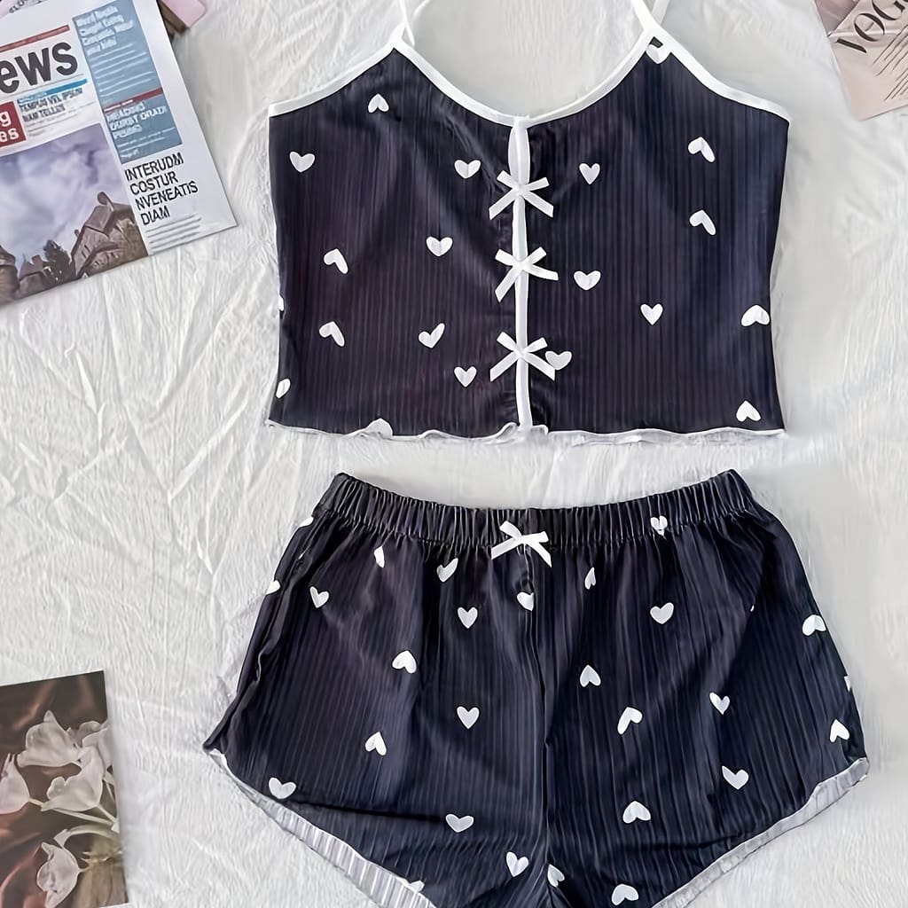 Chic Heart Print Women’s Pajama Set With Bow Detail – Sexy Backless V-neck Cami Top & Shorts, Breathable Polyester , Machine Washable Clothing Shop Online at Dubai Trades 2