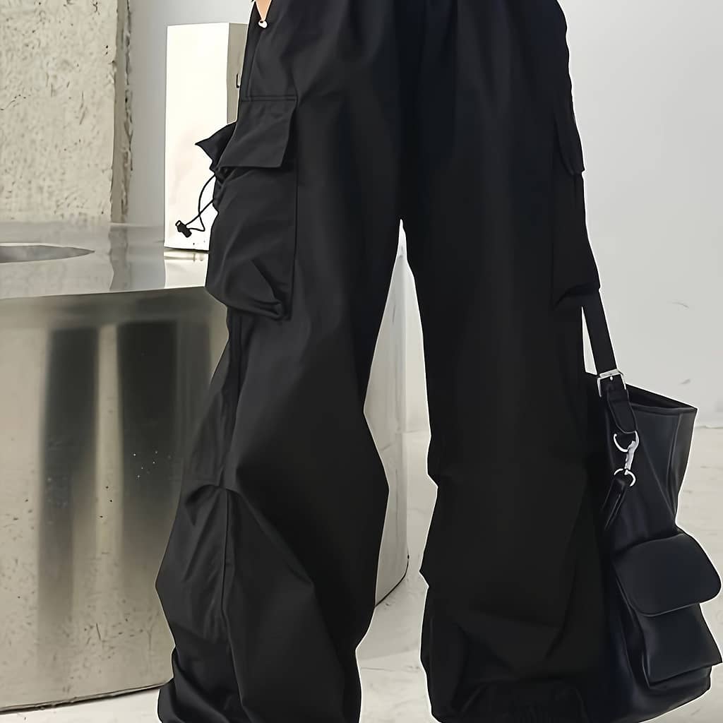 Chic High-waist Wide-leg Pants With Oversized Pockets – Casual, Non-stretch Polyester, Machine Washable – Solid Color, Women’s Fashion Clothing Shop Online at Dubai Trades 2