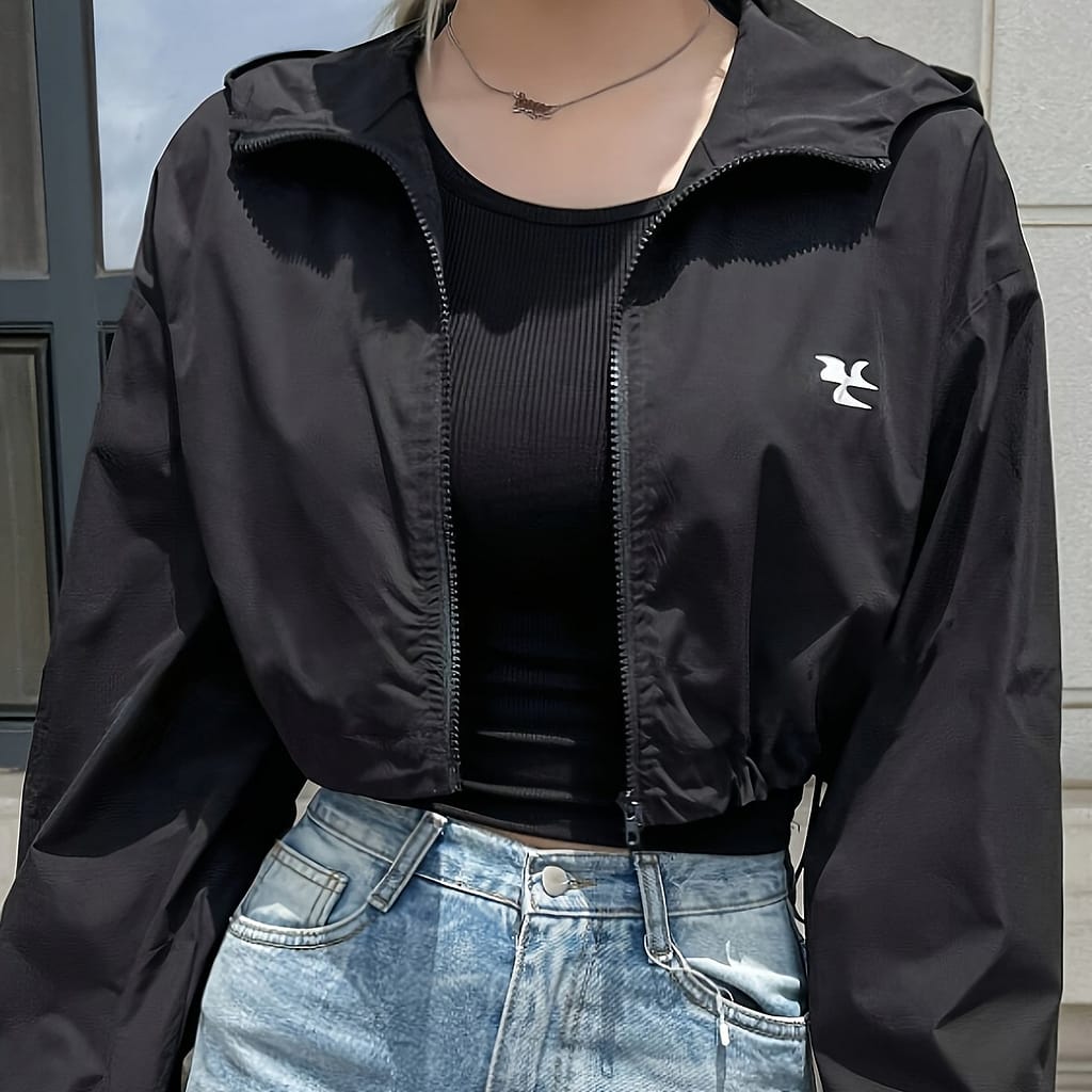 Chic Hooded Jacket For Women – Solid Color, Zip-up, Polyester, Machine Washable – Spring/fall Casual Jackets Shop Online at Dubai Trades 2