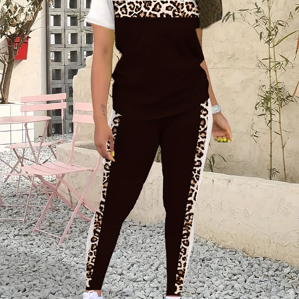 Chic Leopard Block Women’s Casual Outfit – Stretchy Polyester Blend, Machine Washable, Short Sleeve Tee & Pants Set For Spring/summer Clothing Shop Online at Dubai Trades 2