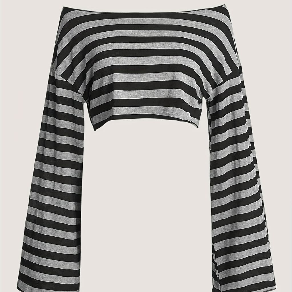 Chic Off-shoulder Striped Crop Top For Women – Casual Polyester Blend, Machine Washable Clothing Shop Online at Dubai Trades 2