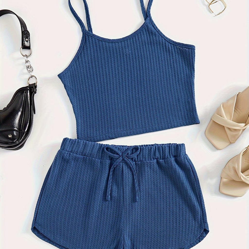 Chic Solid Color Black Two-piece Set: Ribbed Crop Cami Top & Drawstring Shorts – Polyester , Machine Washable, Clothing Shop Online at Dubai Trades 2