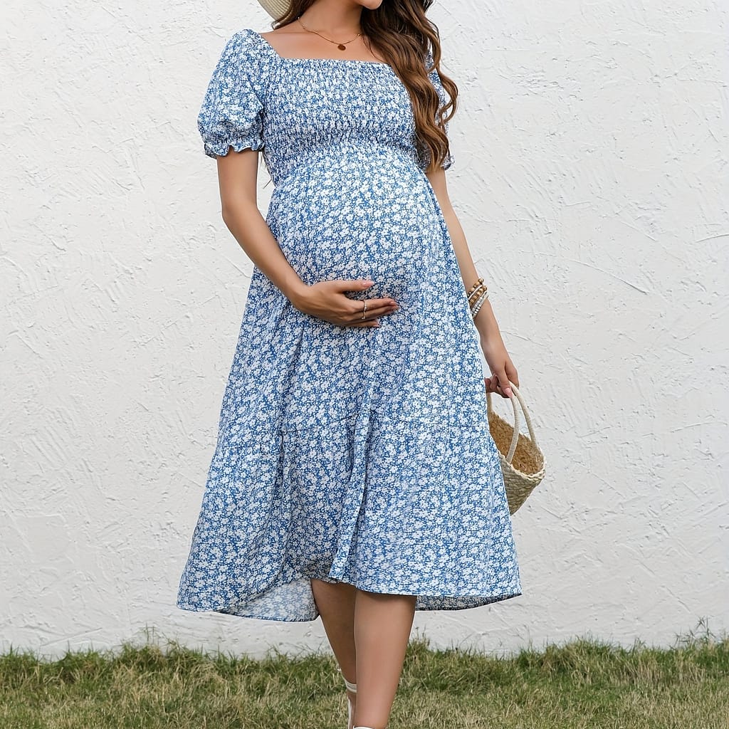 Chic Summer Maternity Dress With Square Neckline & Puff Sleeves – Cute Floral Print, Machine Washable, Non-stretch Fabric, Maternity Clothes Clothing, Shoes & Jewelry Shop Online at Dubai Trades 2