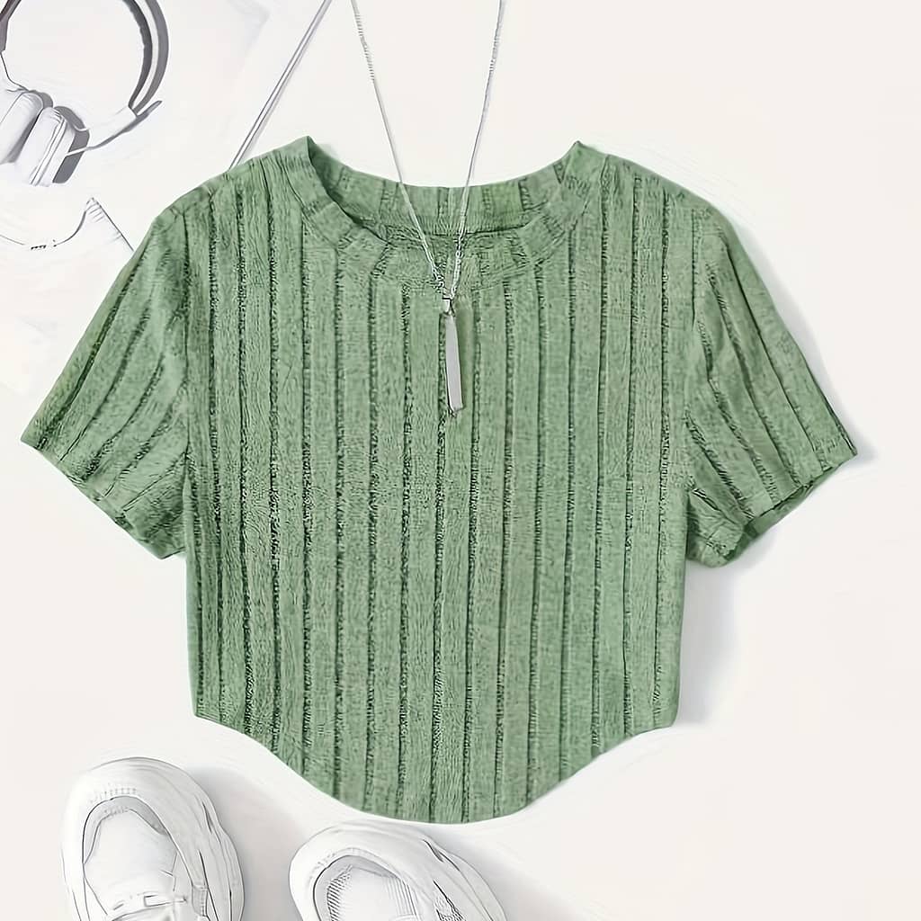 Chic Summer Striped Crop Top – Casual Round Neck, Short Sleeve T-shirt For Women, Breathable Polyester Blend, Machine Washable Clothing Shop Online at Dubai Trades 2