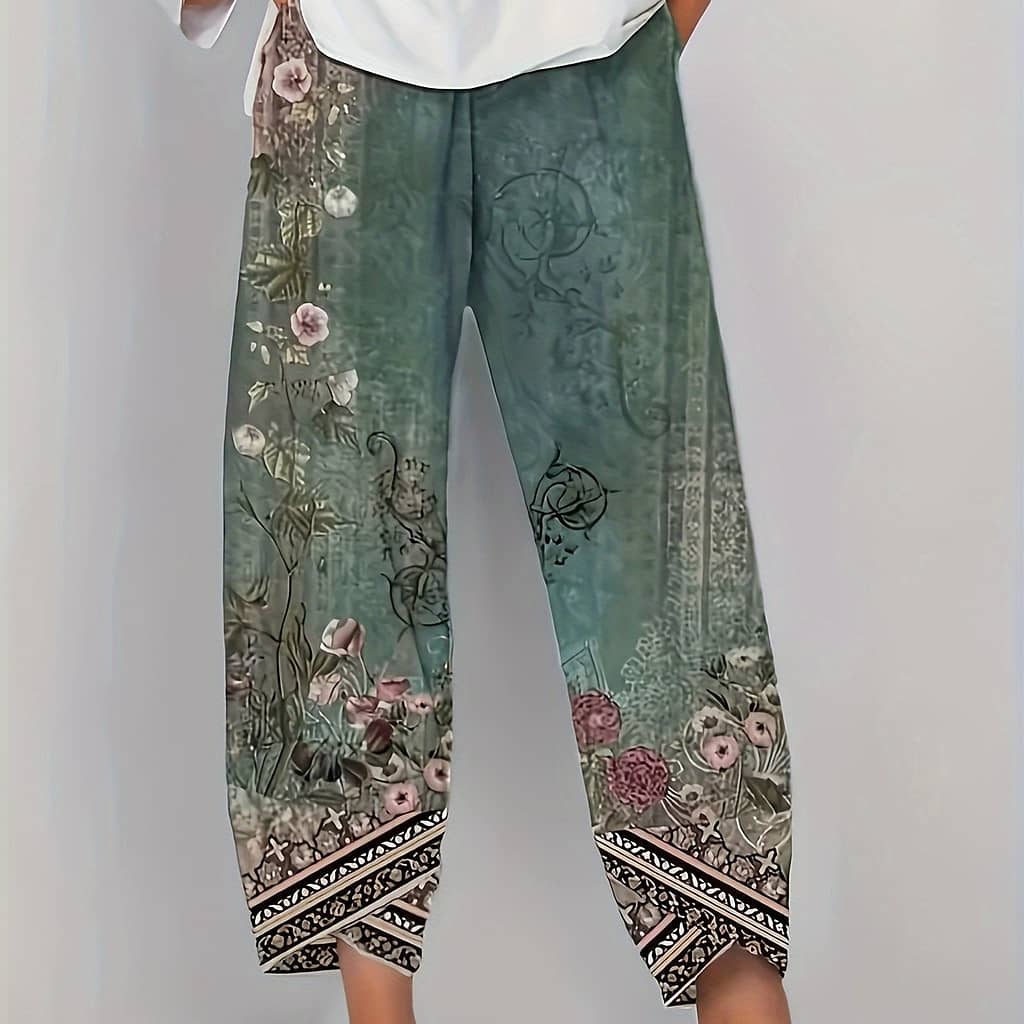 Chic Vintage Floral Capri Pants – Comfortable Elastic Waist With Pockets, Polyester And Elastane Blend, Knit Fabric, Spring/summer/fall Clothing Shop Online at Dubai Trades 2