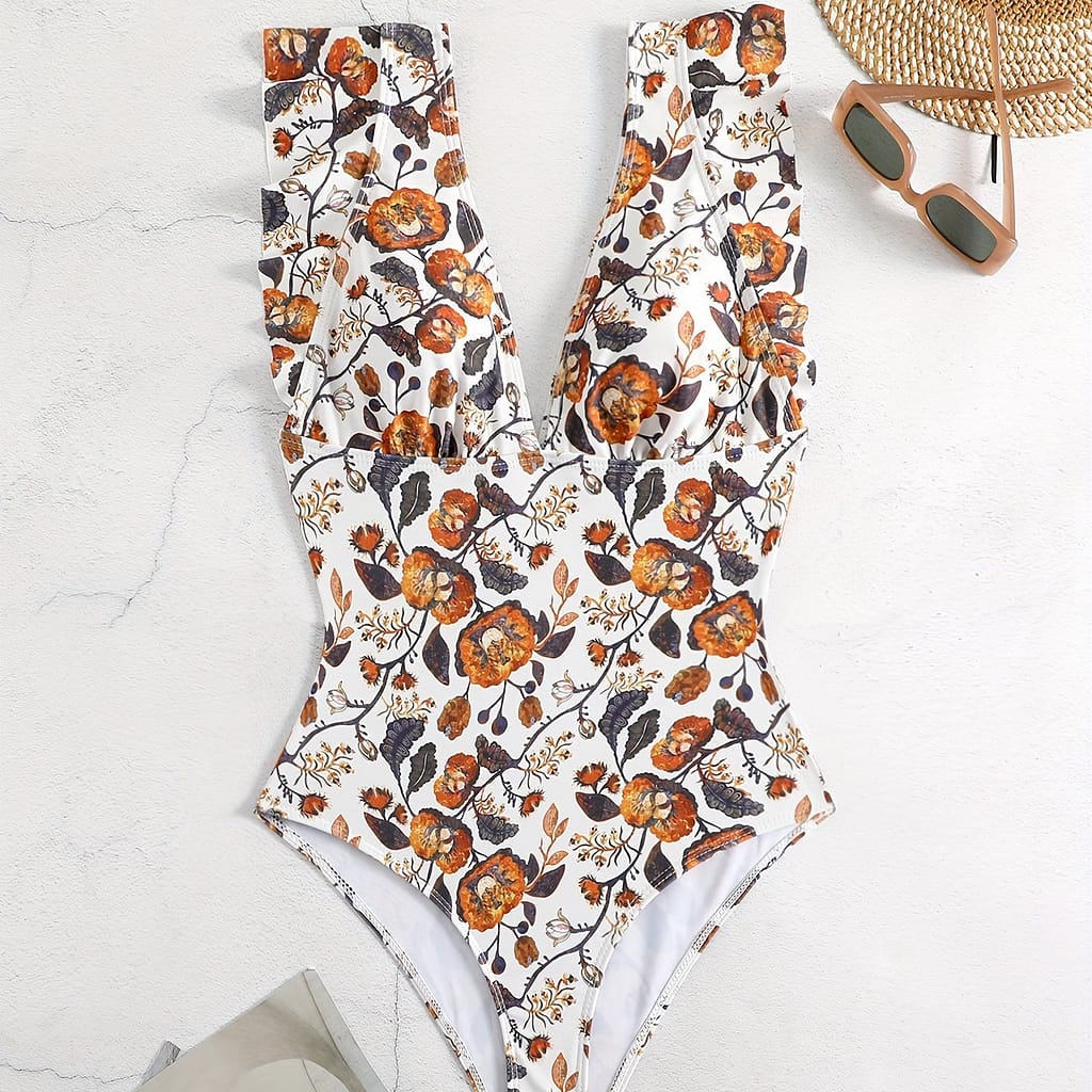 Chic -piece Swimsuit With Deep V-neck, Removable Pads & Floral Print – High Stretch, Backless Design Clothing Shop Online at Dubai Trades 2