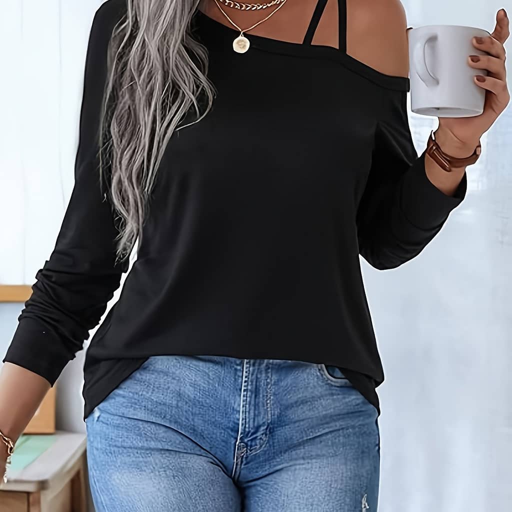 Cold Shoulder Solid T-shirt, Casual Long Sleeve Top For Spring & Fall, Women’s Clothing Clothing Shop Online at Dubai Trades 2