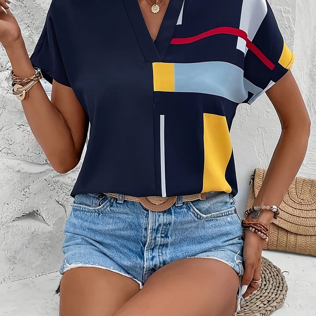 Color Block Notch Neck Blouse, Casual Short Sleeve Blouse For , Women’s Clothing Blouses Shop Online at Dubai Trades 2