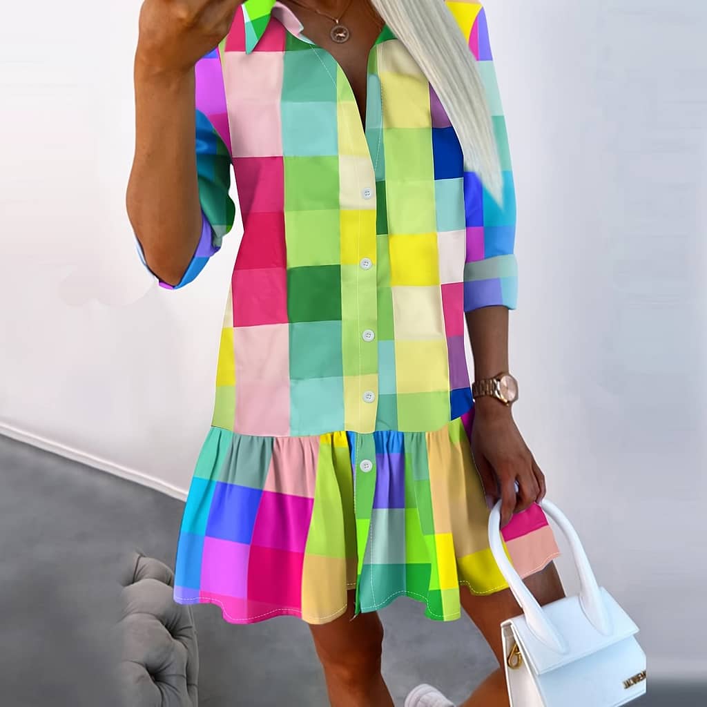 Color- Plaid Print Long Sleeve Casual Shirt Dress With Ruffle Detail, Polyester Spandex , Non-transparent – Machine Washable Clothing Shop Online at Dubai Trades 2