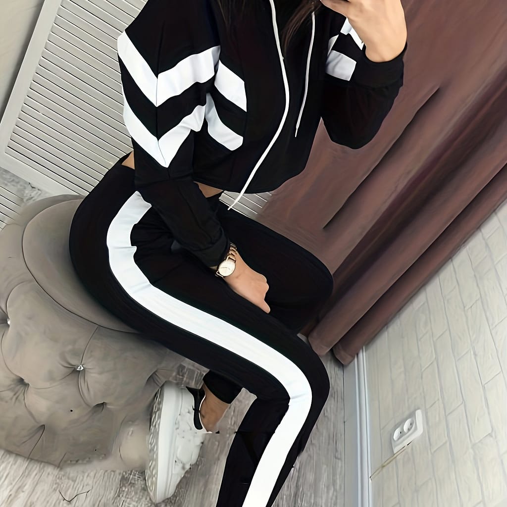 Colorblock Drawstring Hooded Two-piece Set, Casual Long Sleeve Hoodie & Pants Outfits, Women’s Clothing Clothing Shop Online at Dubai Trades 2