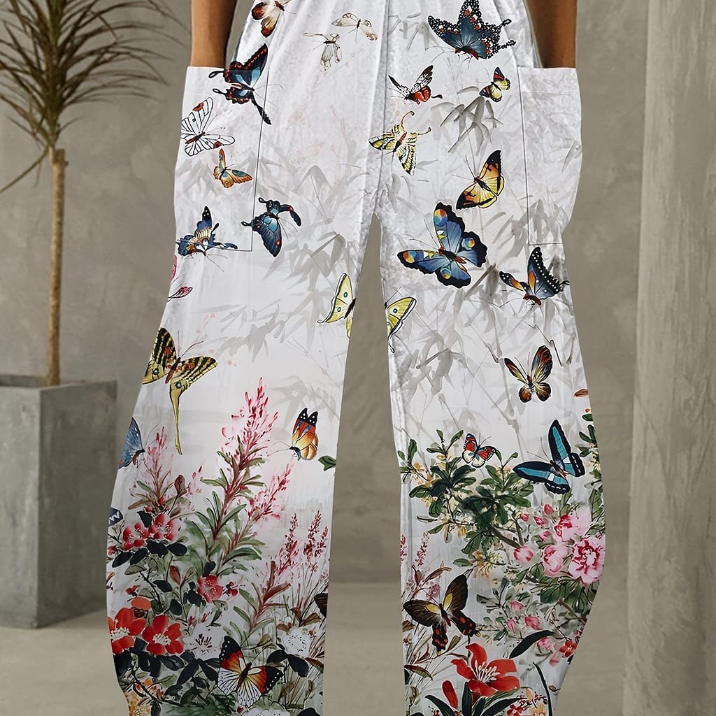 Colorful & Floral Print Wide-leg Pants For Women – Lightweight Polyester, Elastic Waistband, Machine Washable – Versatile Casual Wear Clothing Shop Online at Dubai Trades 2