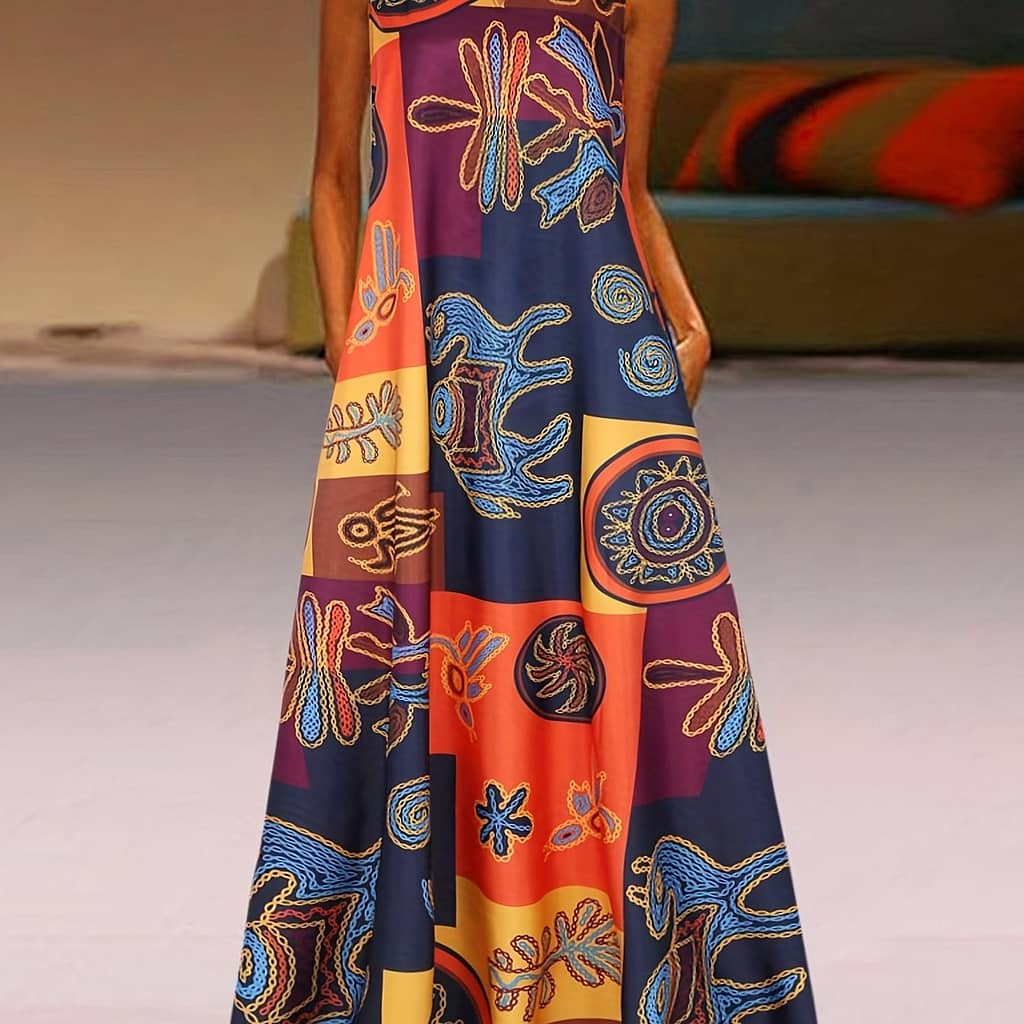 Colorful Vintage-inspired V-neck Sleeveless Dress With Pocket – Summer Floral & Geometric Print, Polyester Blend, A-line Flare For Women, Cute Dresses Clothing Shop Online at Dubai Trades 2