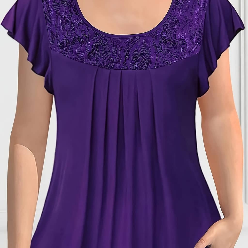 Contrast Lace Crew Neck Blouse, Elegant Solid Pleated Short Sleeve Blouse For , Women’s Clothing Blouses Shop Online at Dubai Trades 2