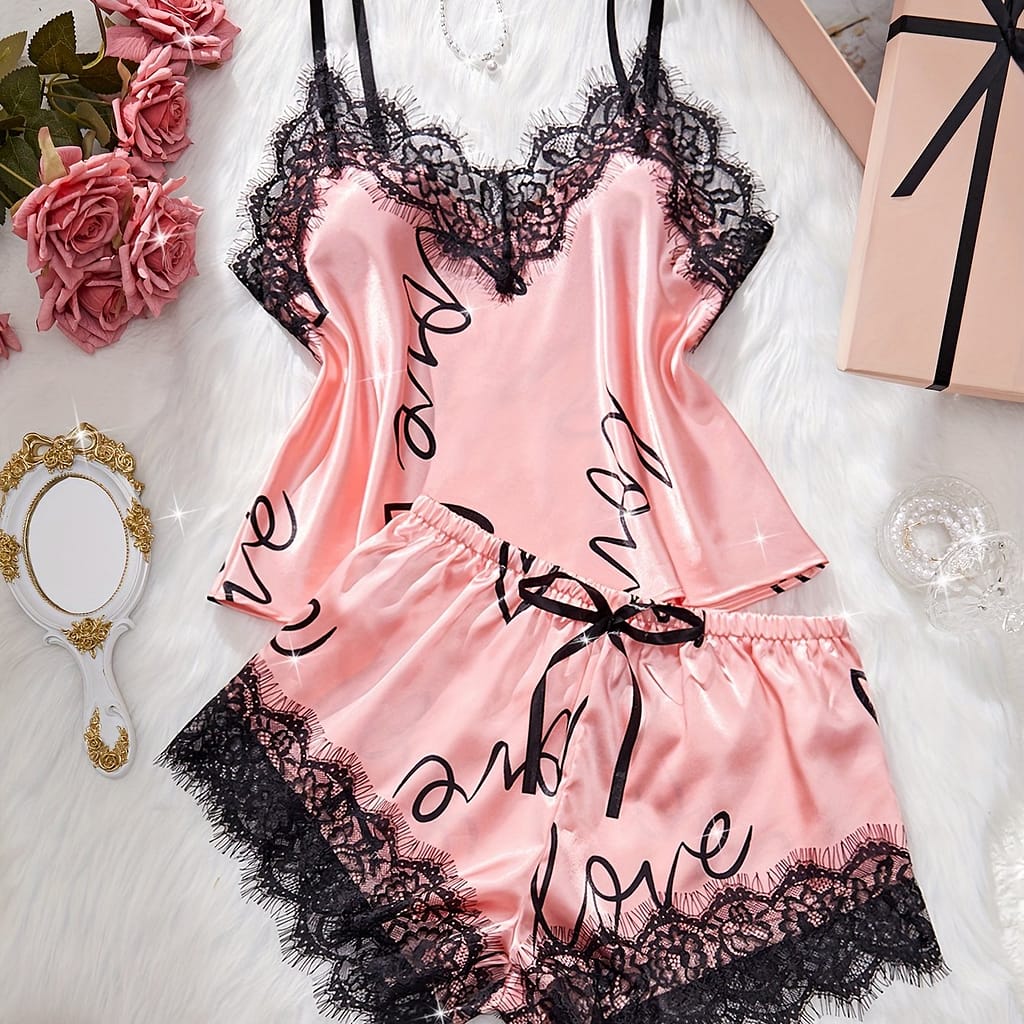 Contrast Lace Letter Print Pajamas Set, Spaghetti Strap Top & Bow Decor Shorts, Women’s Sleepwear & Loungewear Clothing Shop Online at Dubai Trades 2